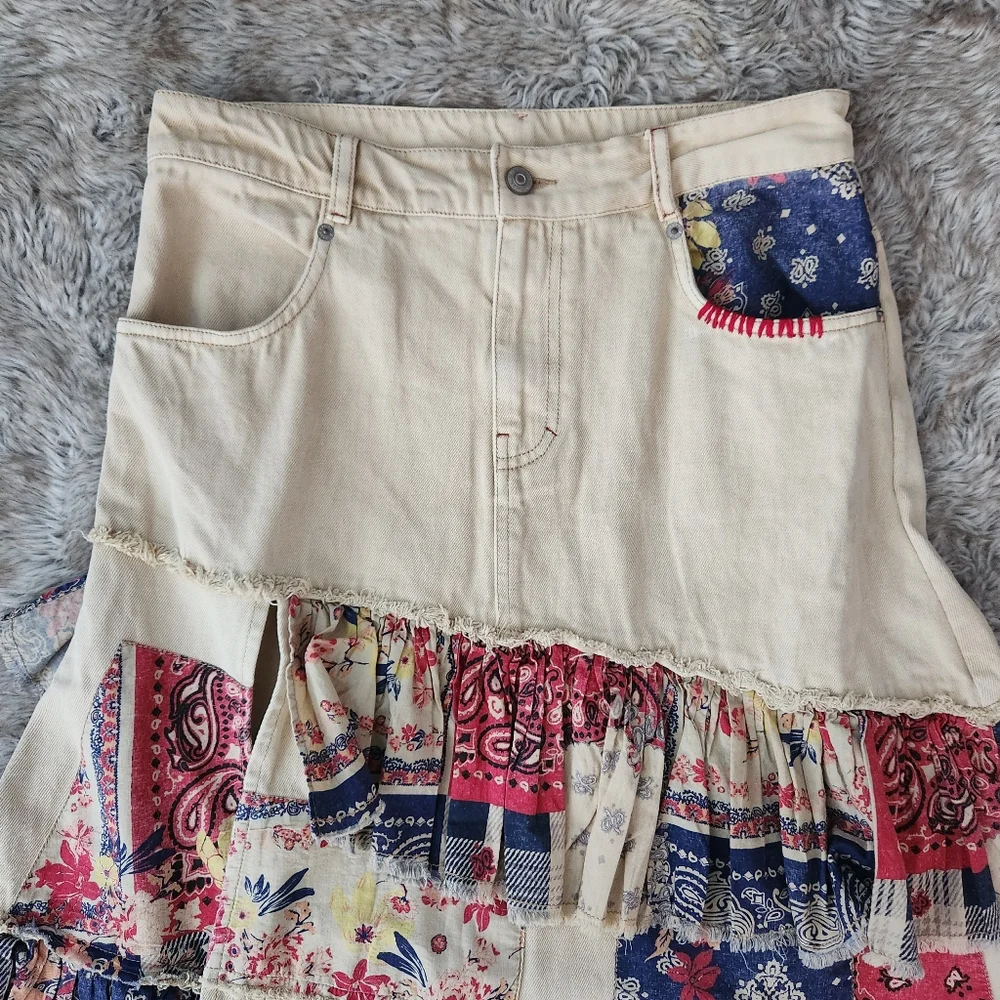 Free‎ People Harvest Moon Maxi Skirt Tiered Ruffle Denim Skirt Women's Size 30